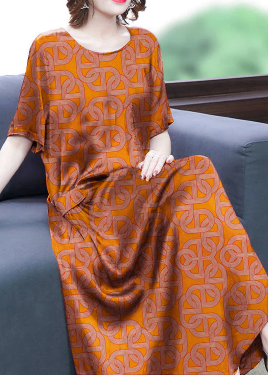 Orange -texture Print Silk Long Dress Oversized Pockets Wrinkled Summer