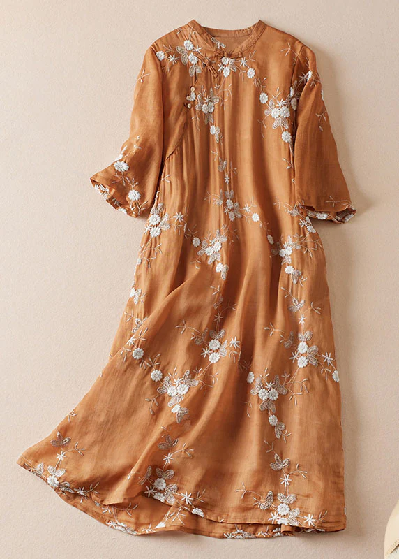 Grace Orange Embroidered Chinese Button Patchwork Linen Dress Summer