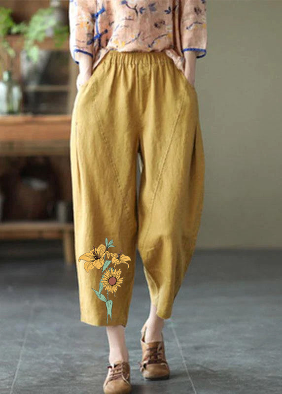 Natural Checkered Pumpkin Elastic Waist Summer Linen Harem Pants