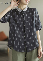 Fashion Colour 1 Peter Pan Collar Print Button Linen Shirt Half Sleeve