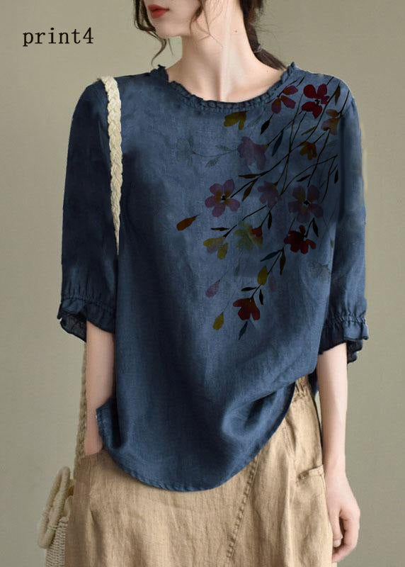 Handmade Navy lantern Sleeve O-Neck Embroideried Summer Ramie Blouses