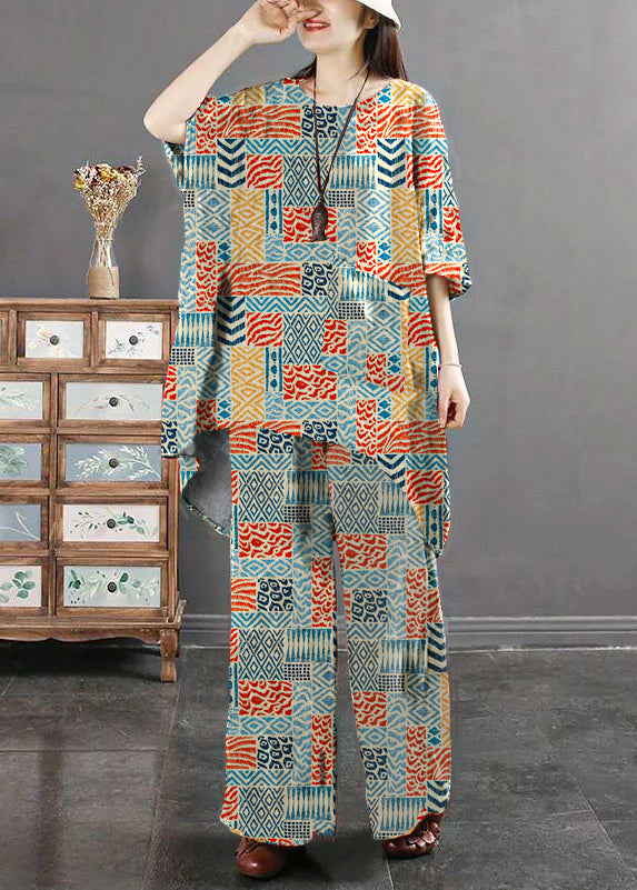 Vintage Geometric   Print Pockets Patchwork Tops And Pants Cotton Two Pieces Set Summer