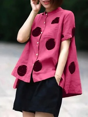 Red dot Print Patchwork Linen Top Button Stand Collar Summer