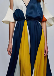 Style Colorblock V Neck Cold Shoulder Silk Maxi Dresses Summer