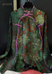 Elegant Green Stand Collar Patchwork Jacquard side open Silk Shirts Long Sleeved