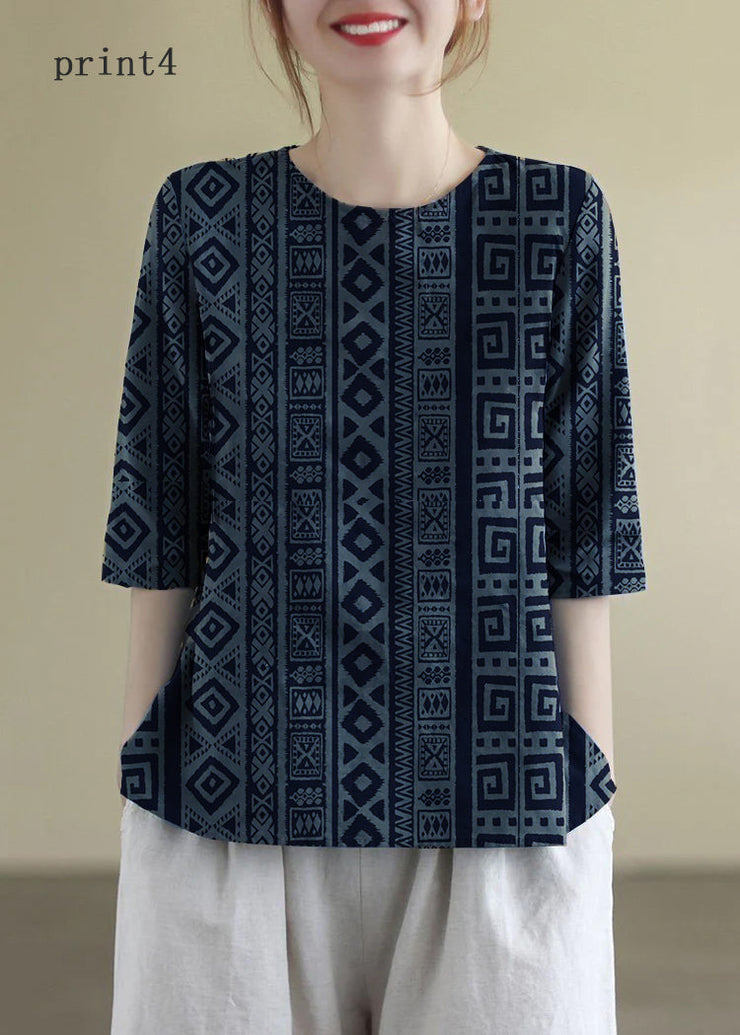 French Print5 O-Neck Embroideried Cotton Blouses Half Sleeve