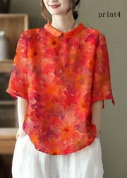 DIY Orange Print Ramie Half Sleeve Shirt Summer