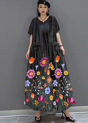 loose Yellow O-Neck Print Satin Maxi Dress Summer