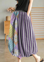 Purple Elastic Waist Linen Wide Leg Pants