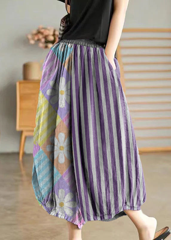 Purple Elastic Waist Linen Wide Leg Pants