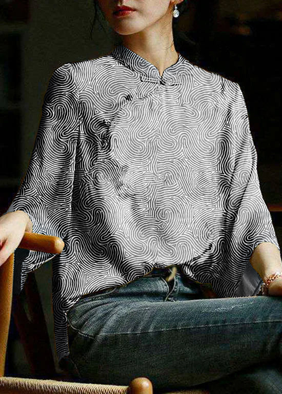 Vintage Grey-texture Mandarin Collar side open Print Silk top long sleeve