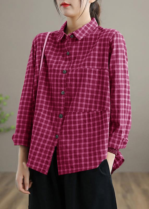 Loose Lapel Patchwork Spring Blouse Sleeve Black Plaid Top