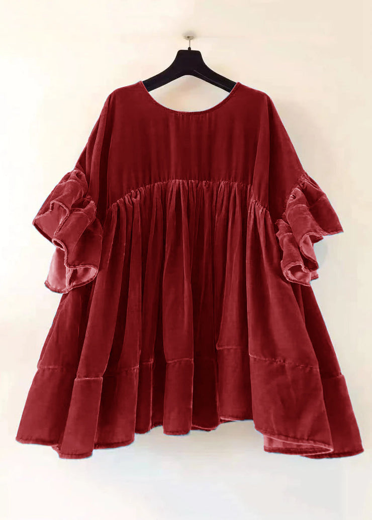 Plus Size Red Wrinkled Patchwork Velour Short Dress Butterfly Sleeve