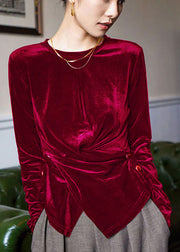 Mulberry Silk Velour Blouses Asymmetrical Button Long Sleeve