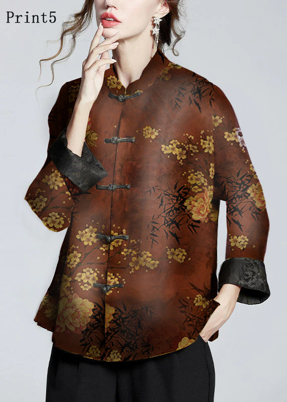 Chinese Style Text Stand Collar Button Print Silk Coats Long Sleeve