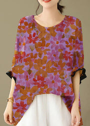 Orange yellow- floral Print Patchwork Cotton Loose Tops O Neck Summer