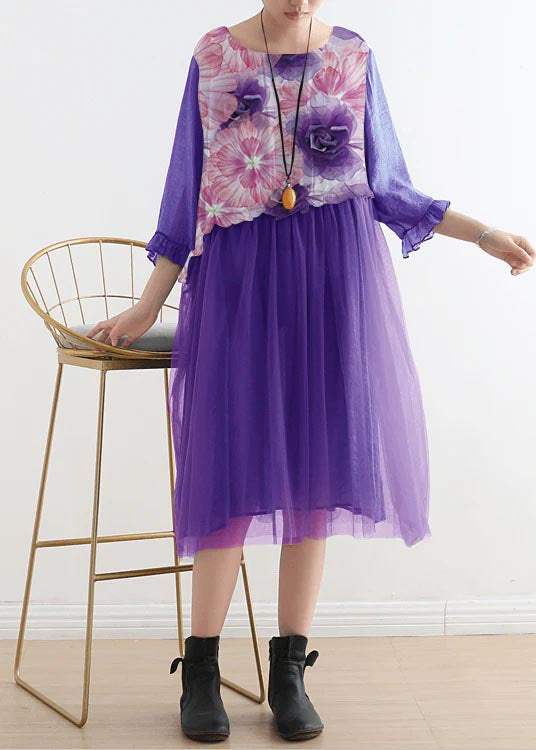 2024 purple flower Tull Maxi dresses patchwork chiffon Summer Dresses