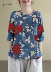 French Print4 O-Neck Embroideried Cotton Blouses Half Sleeve