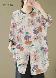 Print4 Linen Shirt Dresses O-Neck Oversized Lantern Sleeve