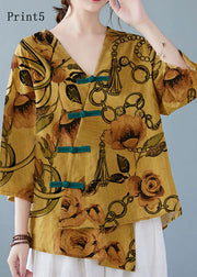 Yellow-Print5 Button Shirt Tops Asymmetrical Half Sleeve