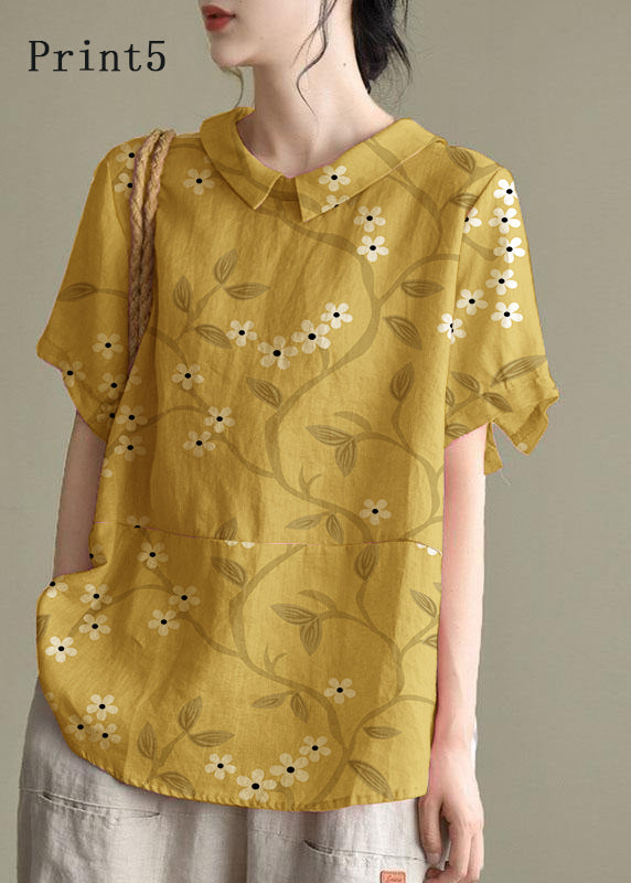 Simple Print6 Peter Pan Collar Patchwork Summer Linen Blouses