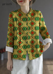 Women Yellow-floral3 Elegant Button Fall Top Long Sleeve Linen