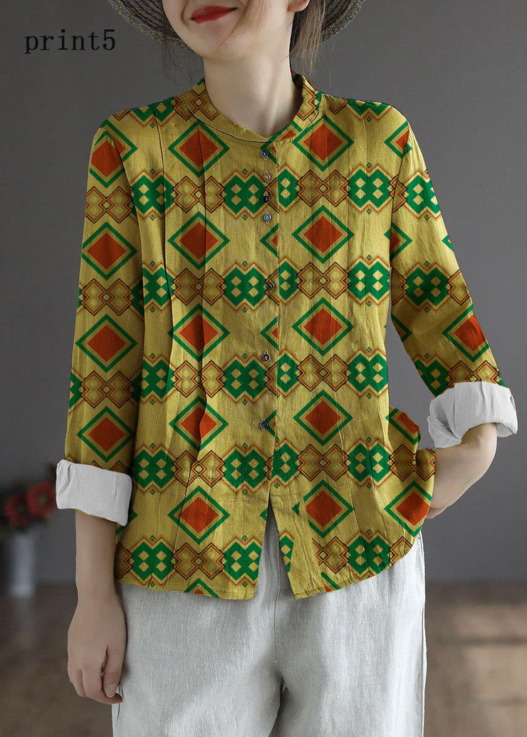 Women Yellow-Geometric patterns Elegant Button Fall Top Long Sleeve Linen