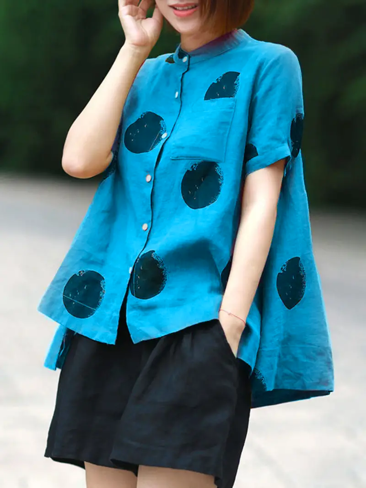 Yellow Dot Print Patchwork Linen Top Button Stand Collar Summer