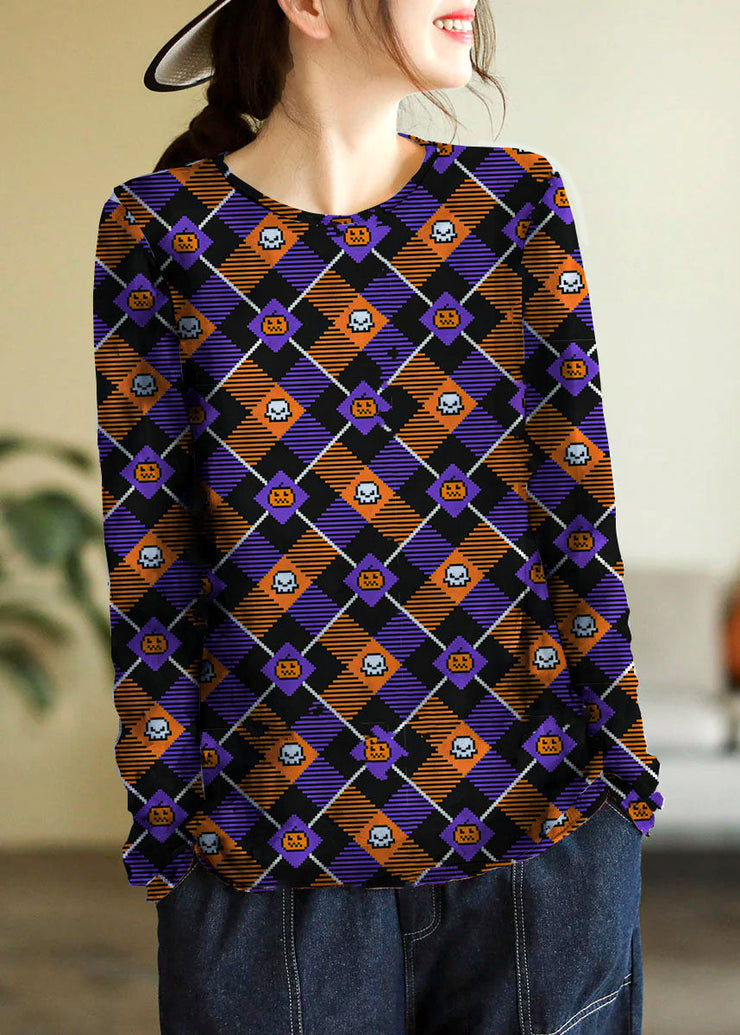 Elegant Indigo-Floral O-Neck Print Cotton Knitted Top Long Sleeve