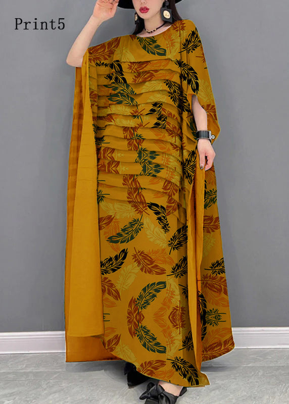 Bohemian Yellow-print3  O-Neck Striped Chiffon Ankle Dress Batwing Sleeve