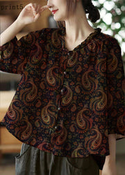 Plus Size brown geometry V Neck Ruffled Print Linen Blouse Top Half Sleeve