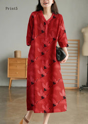 Print4 Loose Linen Long Dresses Button Solid Half Sleeve