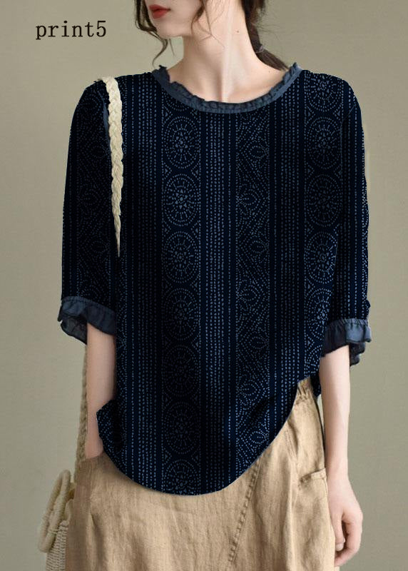 Handmade Navy-print6  lantern Sleeve O-Neck Embroideried Summer Ramie Blouses