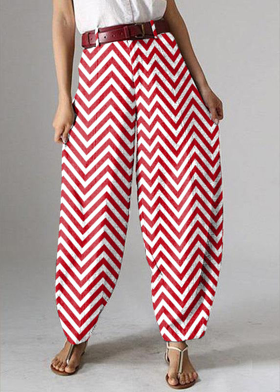 Women High Waist Button Red stripes Harem Pants with Pocket