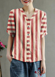 Loose Black strips V Neck Embroidered Floral Summer Linen Shirt