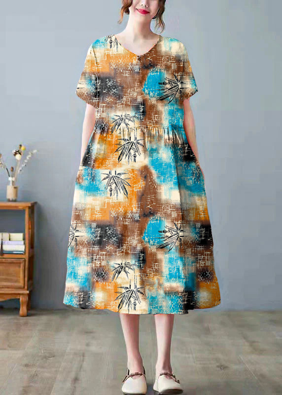 Beautiful yellow leopard print bamboo Pockets Print O Neck Dress