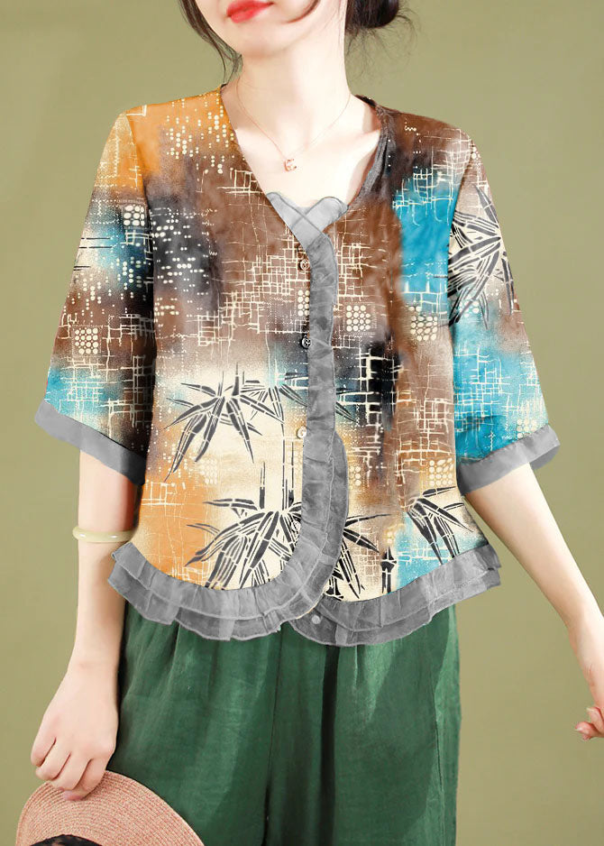 Fashion gray-geometry Ruffled Button Patchwork Linen Blouse Top Summer