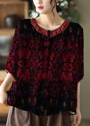 Simple Black O Neck Patchwork Print Linen Shirt Tops Half Sleeve