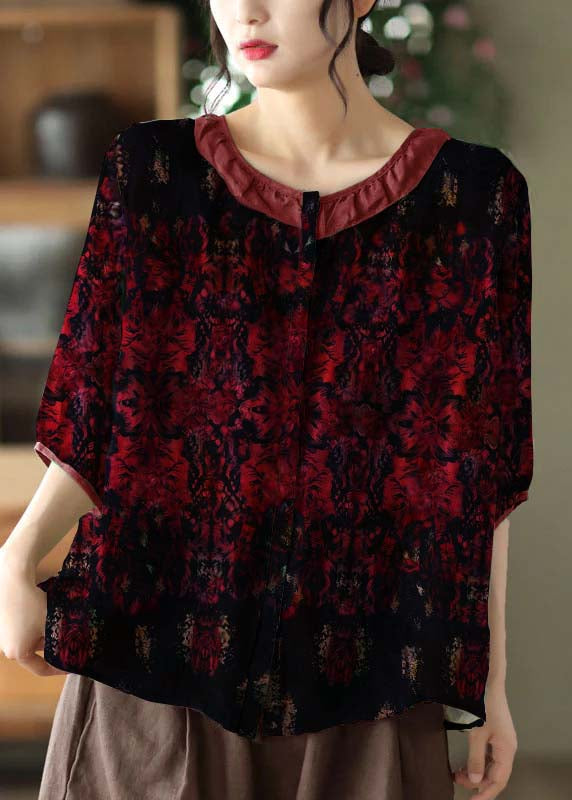 Simple Black O Neck Patchwork Print Linen Shirt Tops Half Sleeve