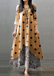 Women Long Sleeve Double Layers Button Asymmetric Orange polka dots Maxi Dress