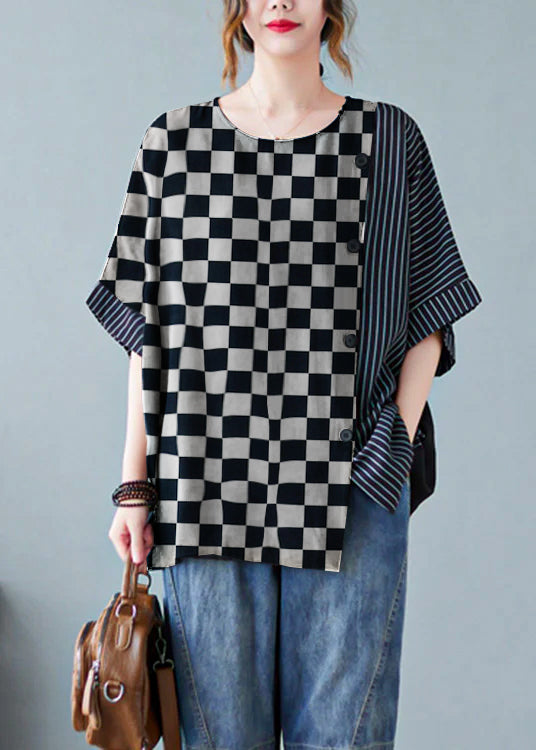 Novelty Geometric patterns O-Neck Striped Patchwork Button Cotton T Shirts Half Sleeve