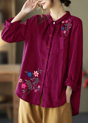 Rose Patchwork Linen Shirt Peter Pan Collar Embroideried Spring