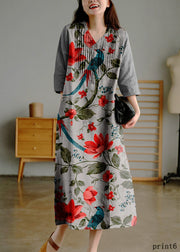 White Print9 Loose Linen Long Dresses Button Solid Half Sleeve