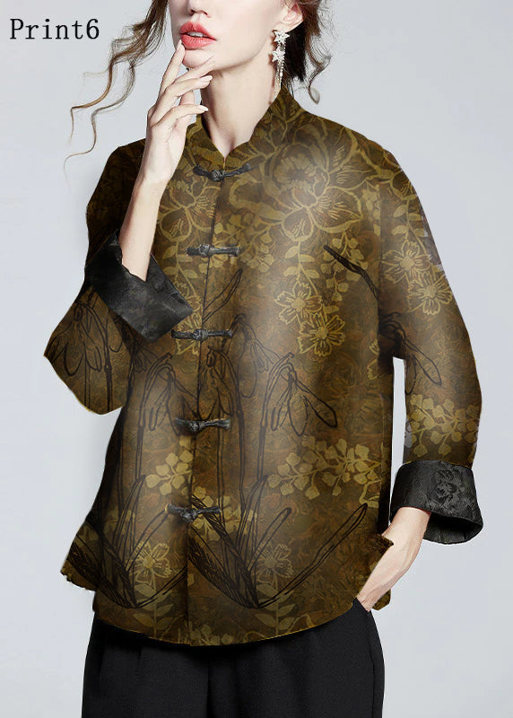 Chinese Style Print4 Stand Collar Button Print Silk Coats Long Sleeve