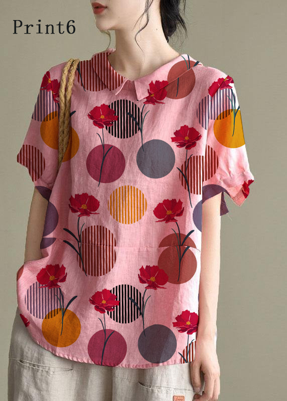 Simple Print3 Peter Pan Collar Patchwork Summer Linen Blouses