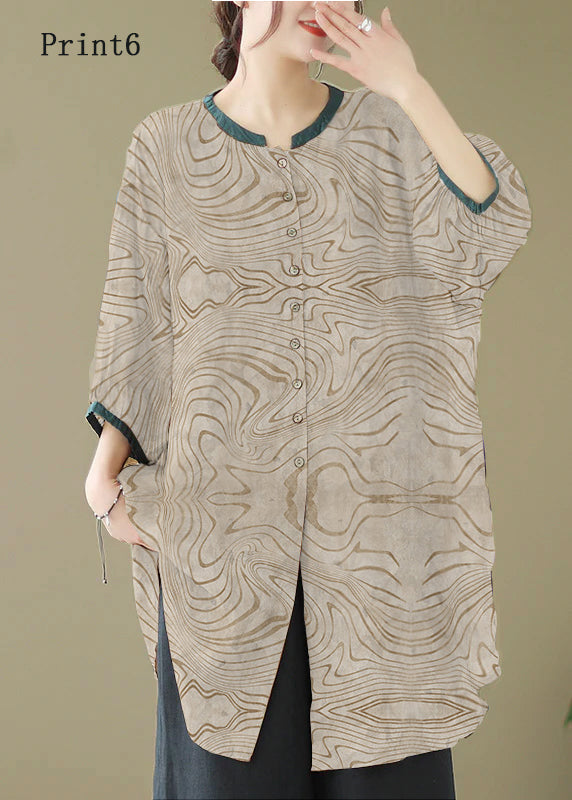 Print5 Linen Shirt Dresses O-Neck Oversized Lantern Sleeve