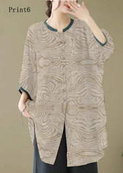 Print2 Linen Shirt Dresses O-Neck Oversized Lantern Sleeve