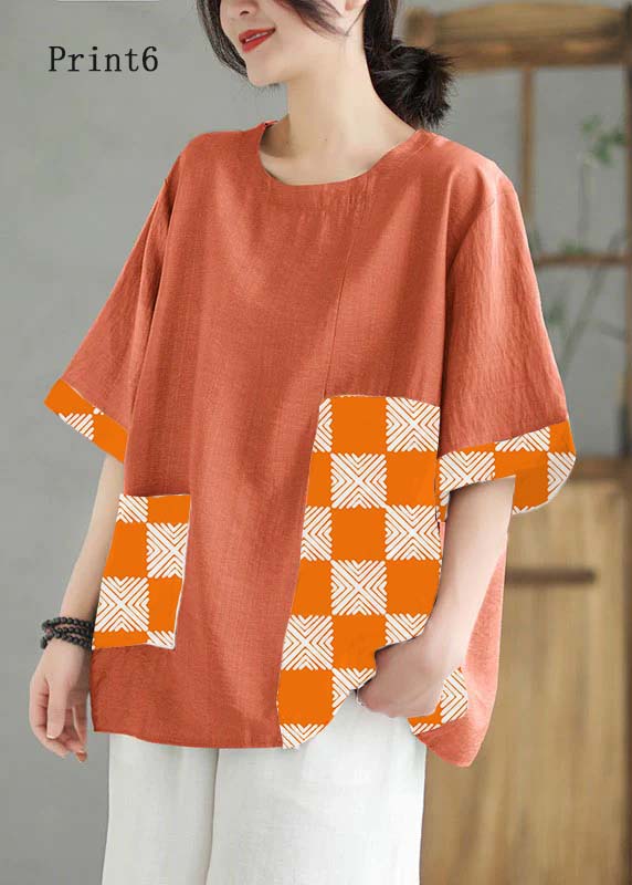 Women Orange O Neck Print Patchwork Linen T Shirt Top Summer