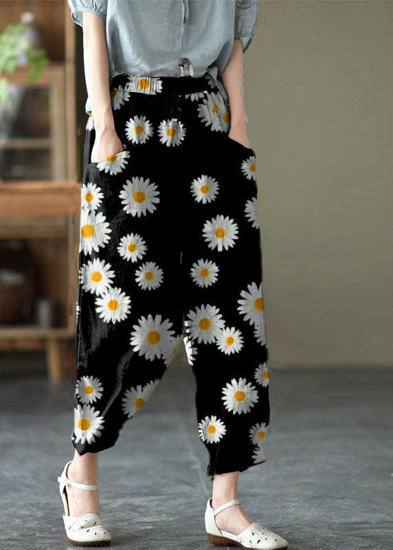 Art Black flower Tie Waist Pockets Summer Harem Pants Linen