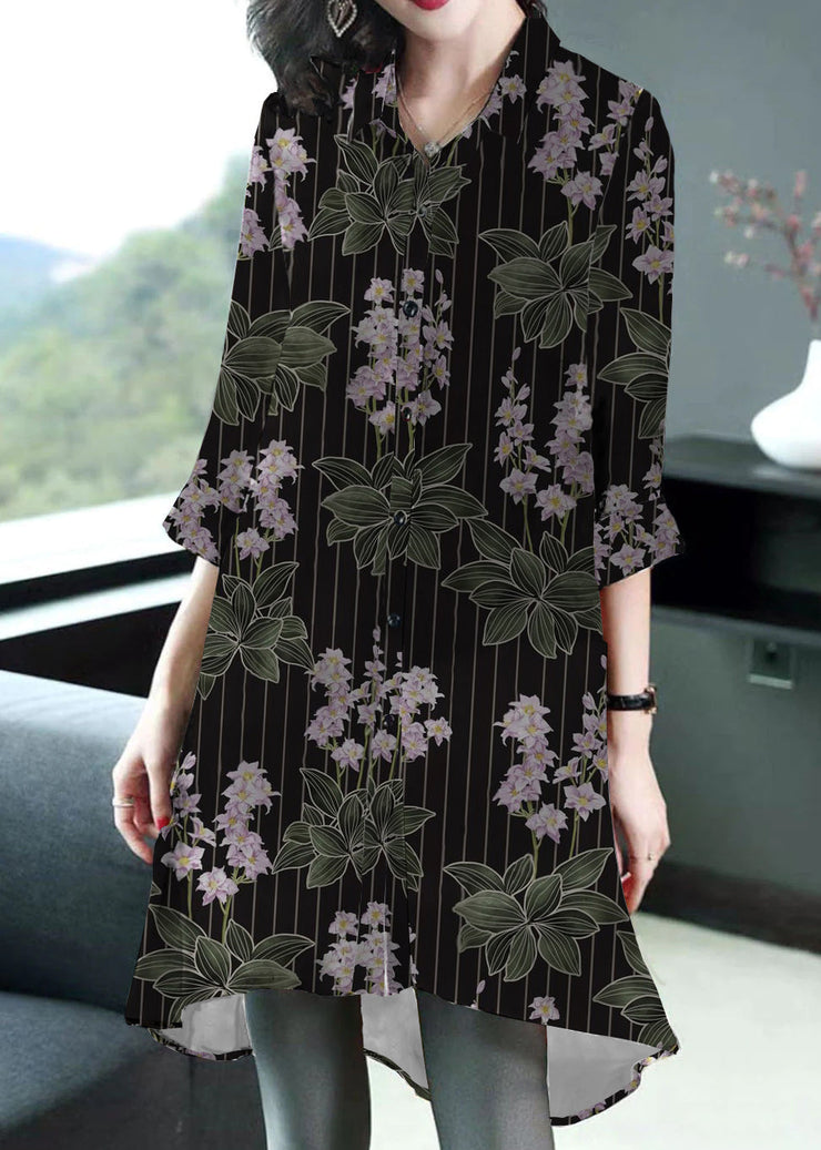 Black-purple flower Print Silk Long Blouse Tops Peter Pan Collar Button Half Sleeve